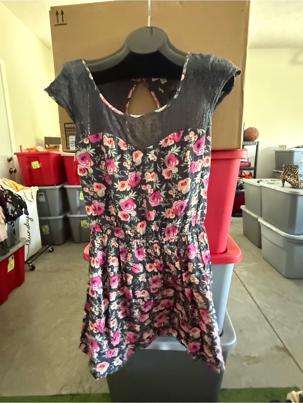 Floral Fit-and-Flare Dress with Lace Yoke - Pink on Charcoal mp51